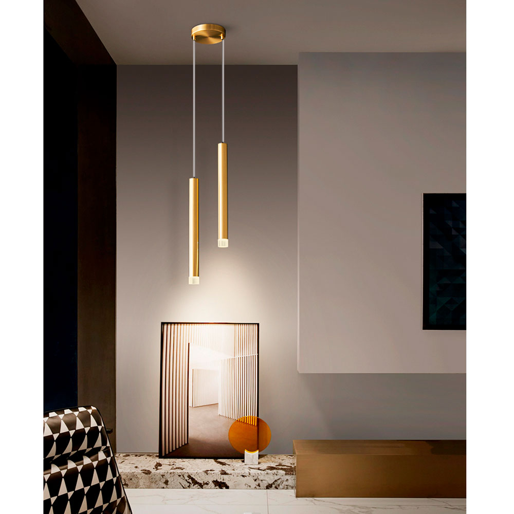 Lámpara colgante led de vidrio y aluminio dorado Beam Light 2 Barras